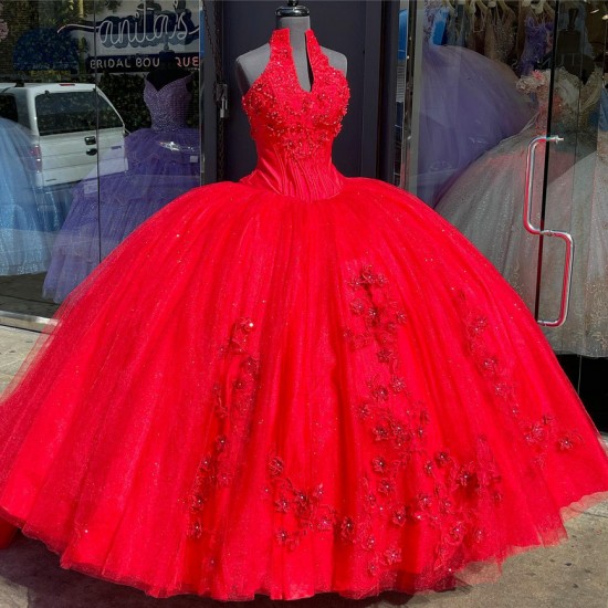 Three Dimensional Vintage Red Halter Top Quinceanera Dresses