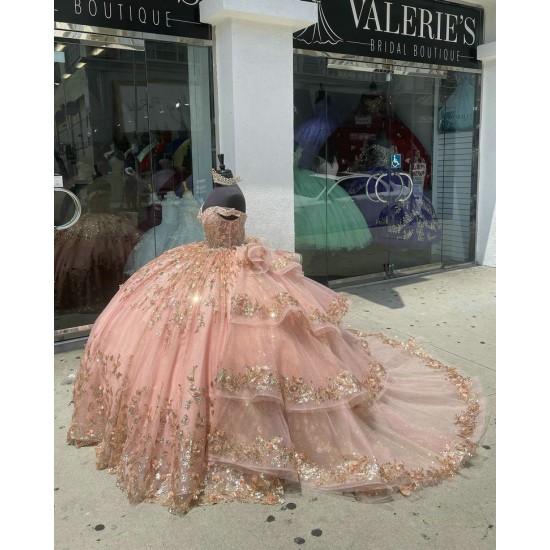 Tiered Crystal Rose Gold Quinceanera Dresses V Neck Off Shoulder Sequin 15 Dress