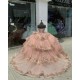 Tiered Crystal Rose Gold Quinceanera Dresses V Neck Off Shoulder Sequin 15 Dress