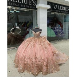 Tiered Crystal Rose Gold Quinceanera Dresses V Neck Off Shoulder Sequin 15 Dress