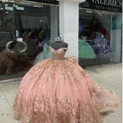 Tiered Crystal Rose Gold Quinceanera Dresses V Neck Off Shoulder Sequin 15 Dress