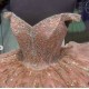 Tiered Crystal Rose Gold Quinceanera Dresses V Neck Off Shoulder Sequin 15 Dress