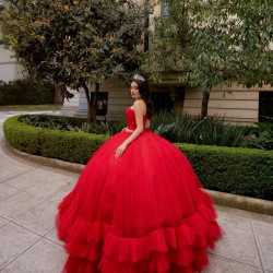 Tiered Sleeveless Red Quince Dresses Square Collar 15 Dress