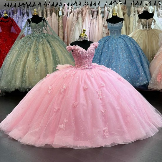 Tulle Floor Length Pink Butterfly Quince Dress