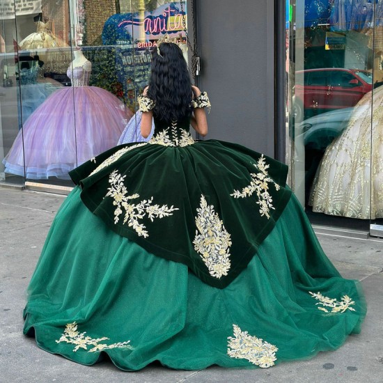 Tulle Velvet Off The Shoulder Quince Dress Emerald Green With Gold