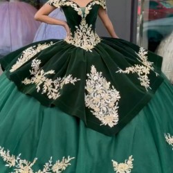 Tulle Velvet Off The Shoulder Quince Dress Emerald Green With Gold