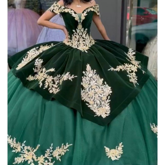 Tulle Velvet Off The Shoulder Quince Dress Emerald Green With Gold