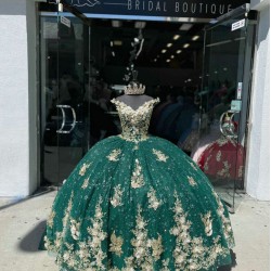 V Neck Green Quinceanera Dress Off Shoulder 15 Dresses