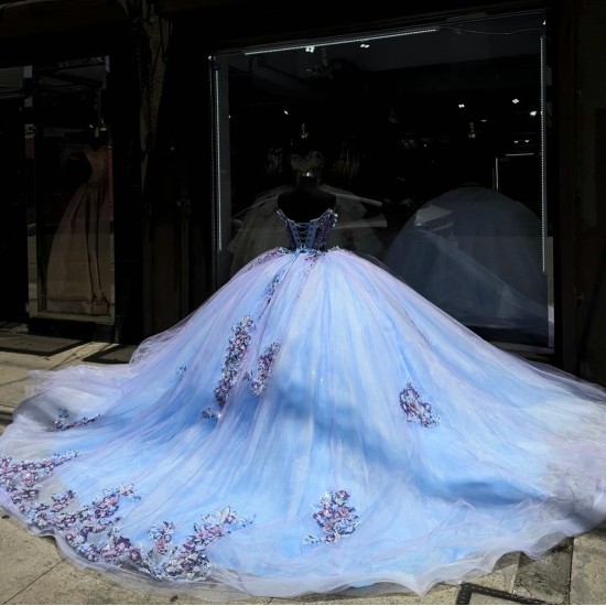 V Neck Light Blue Quinceanera Dress Pearl Lace Appliquéd 15 Dresses