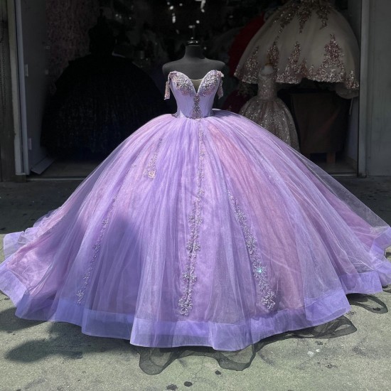 V Neck Lilac Quinceanera Dress 15 Dresses Off Shoulder Ball Gown