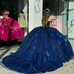 V Neck Navy Blue Quinceanera Dresses Off Shoulder Ball Gown 15 Dress