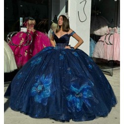 V Neck Navy Blue Quinceanera Dresses Off Shoulder Ball Gown 15 Dress