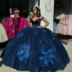 V Neck Navy Blue Quinceanera Dresses Off Shoulder Ball Gown 15 Dress