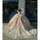 V Neck Pink Quinceanera Dresses Off Shoulder Crystal 15 Dress With Bow