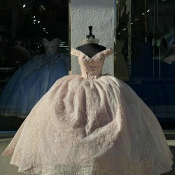 V Neck Pink Quinceanera Dresses Off Shoulder Crystal 15 Dress With Bow