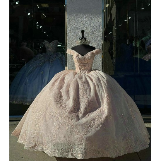 V Neck Pink Quinceanera Dresses Off Shoulder Crystal 15 Dress With Bow