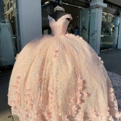 V Neck Rose Gold Quinceanera Dress Beading Sequin 15 Dresses With Bow