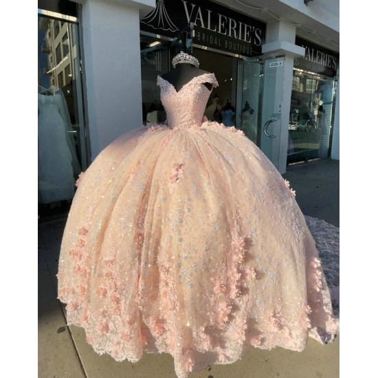 V Neck Rose Gold Quinceanera Dress Beading Sequin 15 Dresses With Bow