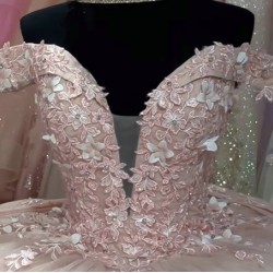 V Neck Rose Gold Quinceanera Dress Lace Appliquéd Ball Gown With Bow