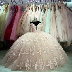 V Neck Rose Gold Quinceanera Dress Lace Appliquéd Ball Gown With Bow