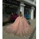 V Neck Rose Gold Quinceanera Dresses Off Shoulder 15 Dress With Bow