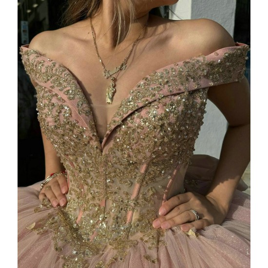 V Neck Rose Gold Quinceanera Dresses Off Shoulder 15 Dress With Bow