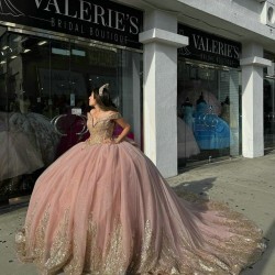 V Neck Rose Gold Quinceanera Dresses Off Shoulder 15 Dress With Bow