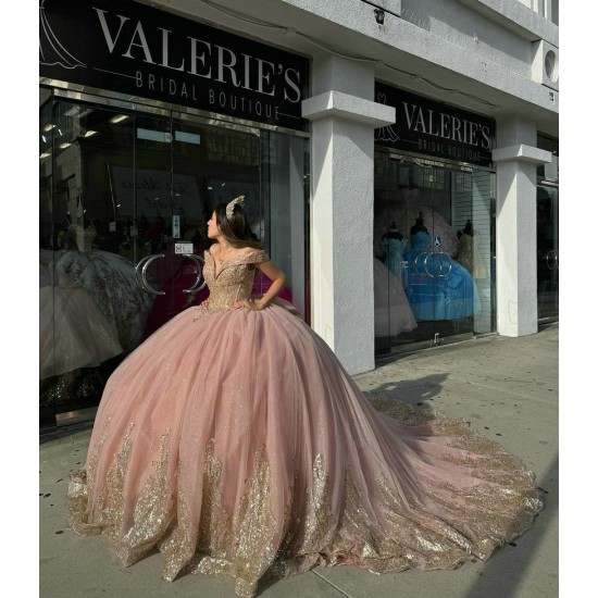 V Neck Rose Gold Quinceanera Dresses Off Shoulder 15 Dress With Bow