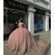 V Neck Rose Gold Quinceanera Dresses Off Shoulder 15 Dress With Bow