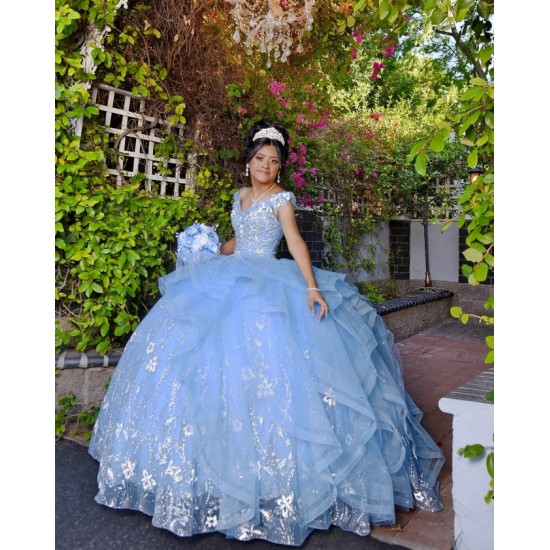 V Neck Sky Blue Quince Dresses Off Shoulder 15 Dress