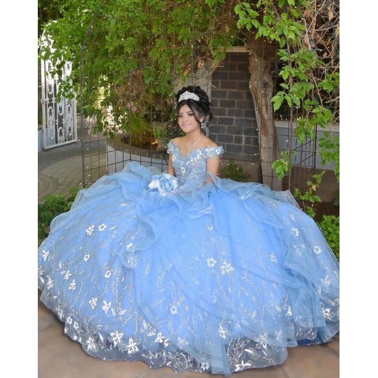 V Neck Sky Blue Quince Dresses Off Shoulder 15 Dress