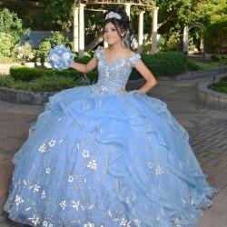 V Neck Sky Blue Quince Dresses Off Shoulder 15 Dress