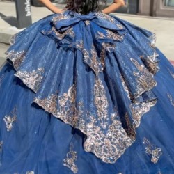 V neck Blue Quinceanera Dresses Off Shoulder 15 Dress With Bow