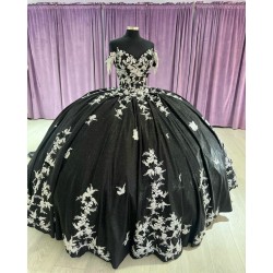 White And Black Quinceanera Dresses Off Shoulder 15 Dress With Bow