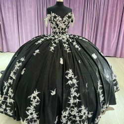 White And Black Quinceanera Dresses Off Shoulder 15 Dress With Bow