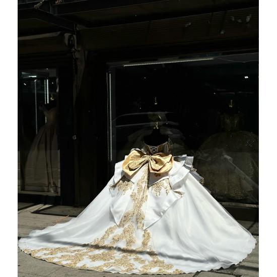 White And Gold Quinceanera Dress Long Sleeve Ball Gown With Bow