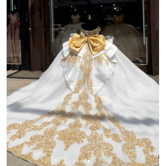 White And Gold Quinceanera Dress Long Sleeve Ball Gown With Bow