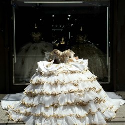 White And Gold Quinceanera Dress Long Sleeve Ball Gown With Bow