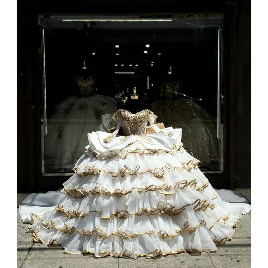 White And Gold Quinceanera Dress Long Sleeve Ball Gown With Bow