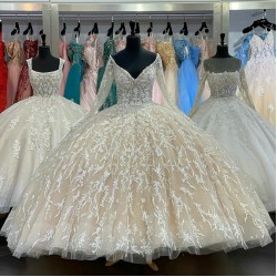 Wide V Neck Ivory Quinceanera Dresses With Long Sleeves