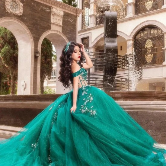 Emerald Green Quinceanera Dress Shiny Ball Gown With 3D Flowers And Beads For 2024 Birthday Party Gowns