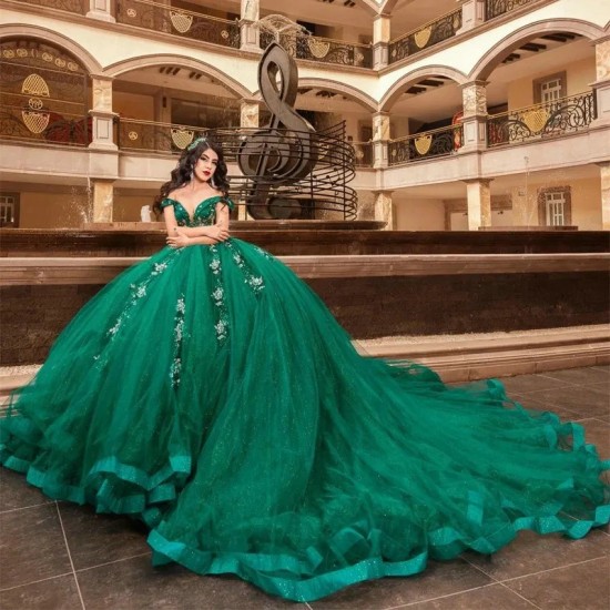 Emerald Green Quinceanera Dress Shiny Ball Gown With 3D Flowers And Beads For 2024 Birthday Party Gowns