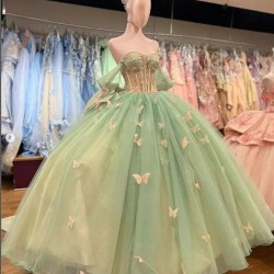 Sweet 16 Sage Green Quinceanera Dresses 3D Butterfly Off Shoulder Party Ball Gowns