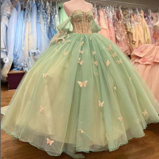 Sweet 16 Sage Green Quinceanera Dresses 3D Butterfly Off Shoulder Party Ball Gowns