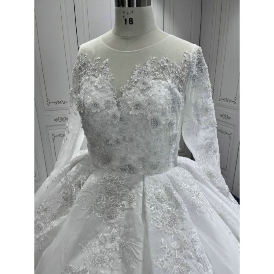 2024 Custom Lace Wedding Dresses Scoop Neck Applique Long Sleeves Sweep Train Ball Gown Bridal Dress Vestido De Noiva