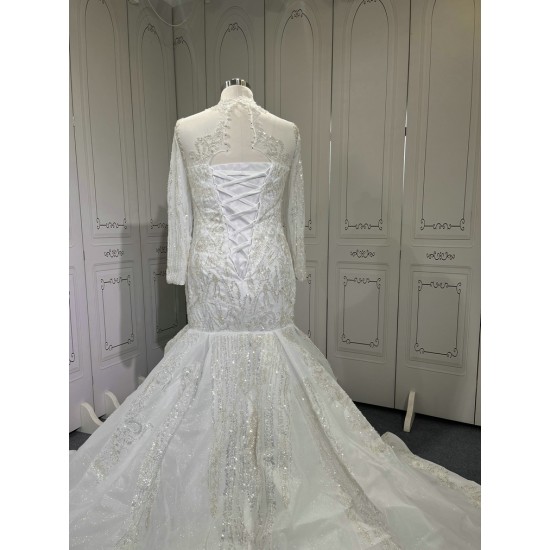 2024 Elegant Wedding Dresses Long Sleeves Lace Up Back Sequin Bridal Gowns High Neck robe de mariee