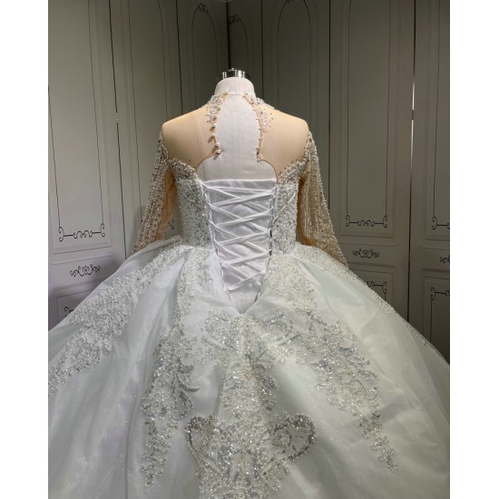 2024 New White Ball Gown Wedding Dresses Long Sleeve Lace Appliques High Neck Bridal Gowns