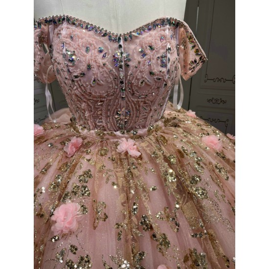 2025 Pink Off Shoulder Ball Gown Quinceanera Dresses Beading Crystal Lace Appliques Tull Sweet 16 15 Birthday Vestido De 15 Anos