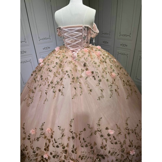 2025 Pink Off Shoulder Ball Gown Quinceanera Dresses Beading Crystal Lace Appliques Tull Sweet 16 15 Birthday Vestido De 15 Anos