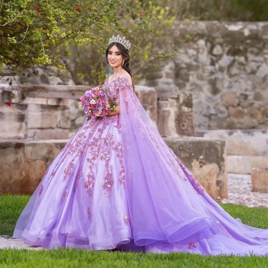 Lavender Quinceanera Dress V Neck Vestidos De 15 Anos With Cape 